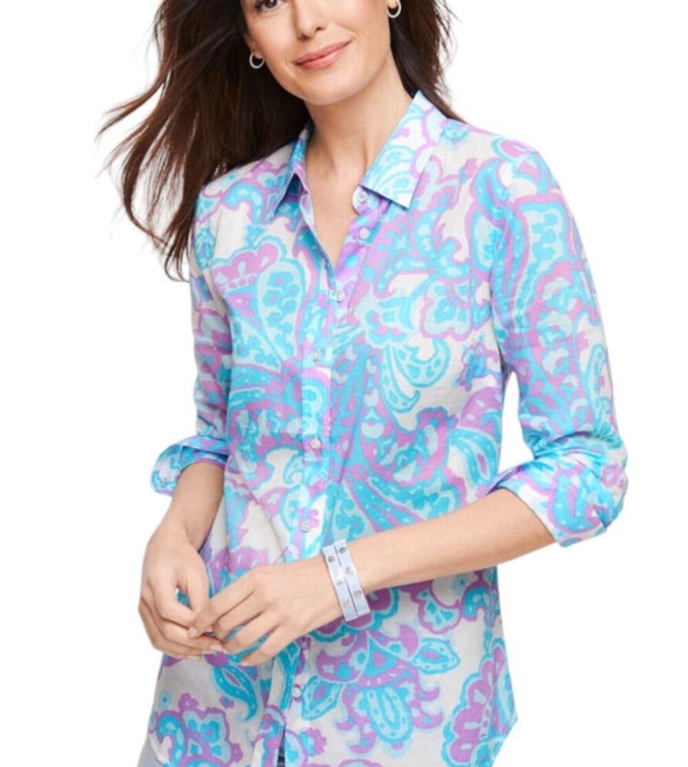 Talbots Womens XS Blue Purple Paisley Classic Cotton Lightweight Button Up Shirt